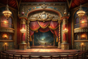 A vintage theater stage with ornate decorations and classic lighting.