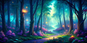 Dark mysterious woods in the evening. Disney-style landscape. Bright, vibrant colors. Tiny glowing fireflies in the air. A lot of green.