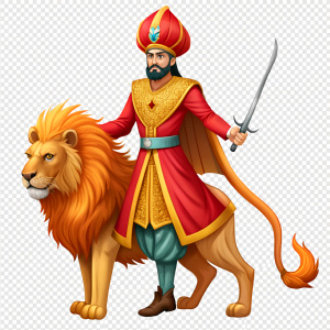 A sultan riding a lion holding a sword in one hand, transparent background