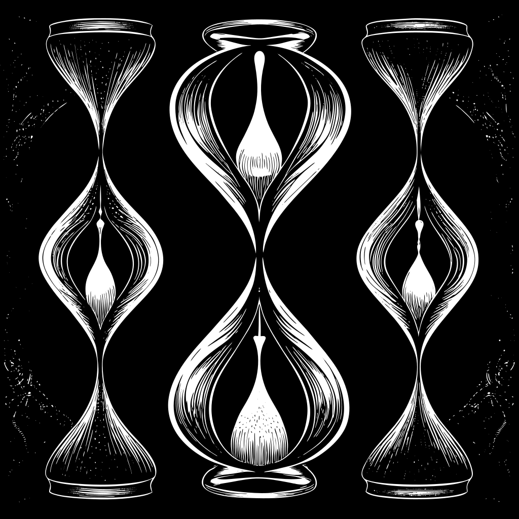 create a montage of iconic elements of hour glass. silhouetted.
