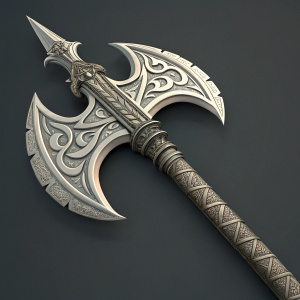 Digital art illustration of 'Warglaive of Azzinoth'. Dark grey background. Close-up view of detailed carvings and flowing curves