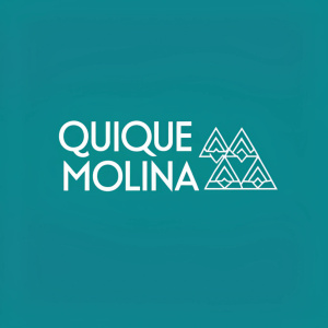 Logo for Quique Molina's brand featuring a sleek, modern sans-serif font on a vibrant teal background. The text is centered and accompanied by minimalist, geometric shapes.