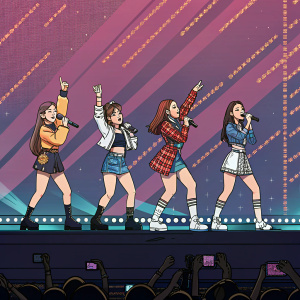 Pixel art rendition of I-DLE performing at the MBC Gayo Daehakjeon. Stage lights create a dynamic background