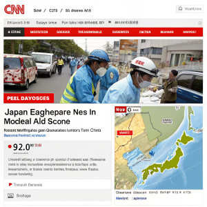 Screenshot of CNN.com, Japan earthquake coverage. News article, medical personnel on scene. Interactive map, sidebar with multimedia elements.