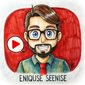 Logo para canal de youtube con nombre "Enrique Sensei". el personaje usa lentes, brown eyes, black hair, brown skin, 2 days beard