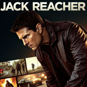 Movie poster for 'Jack Reacher'. Dark background with Tom Cruise in mid-action pose. Title in bold, white font. Collage of intense scenes from the film around him.