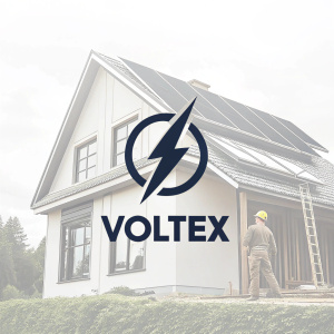Modern logo design featuring a sleek, black lightning bolt icon. The brand name, 'Voltex', is written in a bold, contemporary font. The logo is set against a crisp, white background.