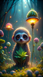A baby moss-covered sloth with glowing mushroom eyes, curiously peering from behind a giant bioluminescent flower. Background: Dreamlike jungle at twilight, mist swirling around glowing flora.
