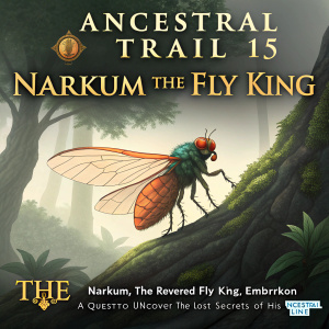 Cover Art for 'The Ancestral Trail 15 Narkum the Fly King'. Illustration features a mythical creature with an enormous, bulbous head, intricate scales in shades of orange and green. The fly king, Narkum, stands on a rocky landscape, wings spread, against a backdrop of a mysterious, ancient forest. Title and subtitle prominently displayed in elegant, golden font. Description: 'Narkum, the revered Fly King, embarks on a quest to uncover the lost secrets of his ancestral line.'