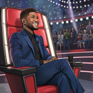 Usher, from 'The Voice', sitting on a red chair at a talk show. Dark blue suit, smiling.