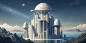 White illustration,  surrealism style, structural aesthetics, surreal collage of many complex sophistic  metallic architecture, huge ocean and sky, white, grainy paper