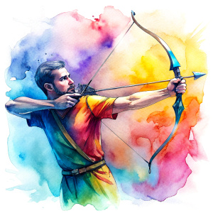 A minimalist pop art illustration of an archer drawing a bow, with bold lines and vibrant colors, reminiscent of Keith Haring. Intricate details capture the archer's stance and focus.