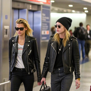 Stella Maxwell and Kristen Stewart strolling through the bustling airport terminal. Both dressed in chic, casual wear. Stella in black leather jacket and sunglasses, Kristen in a black leather jacket, beanie, and t-shirt. Elevator in background.