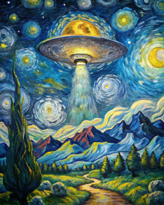 UFO Starry Night Alien Van Gogh Sky Painting Art UFO with Alien  with alien