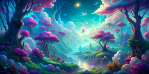 Mysterious woods landscape Disney-style. Bright, vibrant colors.Tiny elfs flying between trees. A lot of green.