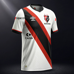 Digital art featuring Club Athletico Paranaense's soccer jersey. White and black design with bold red stripe. Sponsor logos like Copacol, Havan, and CAIXA prominently displayed. Dark background, sleek font style.