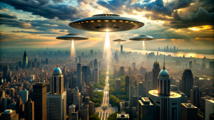 Alien invasion in a big city, modern triangular UFO