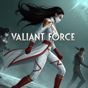 Digital art showcasing a valiant force character. Multiple dynamic poses, white outfit with red and gold details, long black hair. Dark, surreal background, 'Valiant Force' text prominently featured.