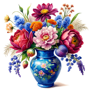 a WATERCOLOR IMAGE, Antique Bohemian Enamel decorated Blue Glass Vase, decorated with gold fine porcelain flowers .THERE ARE IN THE VASE : amaranth peonies , red WEEDS ,burgundy PEONIES, orange Bougainvillea, purple dandelion ,orange  geranium,Narcissus,mint crocusES ,mauve daffodil ,mustard roses ,amaranth Damarion s, ruspberry tulips , pink freesia , lavender, Common Crape Myrtle ,red Watsonia ,ruby tritoma. carmine Chandramallika, burgundy VIOLETS ,lila SISYMBRIUM,CREAM CHAMOMILE , teracott