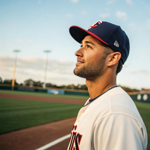 Alex Kirilloff, Minnesota Twins player, casual photo shoot. Baseball cap, plain white jersey. Outdoor setting, baseball field background.