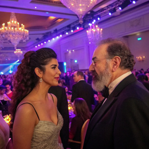 Nimrat Kaur and Mandy Patinkin at a gala dinner. Crowded venue, vibrant lighting