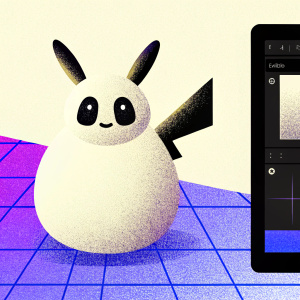A digital illustration of Pikachu created using Blender 3D. Pikachu rendered with fluffy texture and detailed features. The 3D modeling interface is shown with the toolbar on the right, containing options for shading, texturing, and lighting adjustments. A grid background provides perspective.