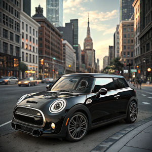 Illustration of a sleek Mini Cooper, black, modern design. Cityscape background