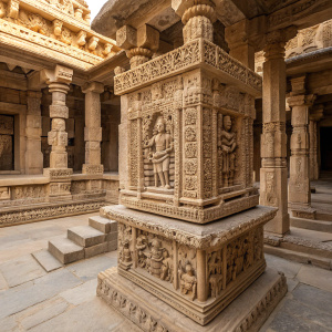 An exquisite stone carving from the ancient stepwell of Rani ki Vav in Gujarat, India. Detailed figures and ornate patterns