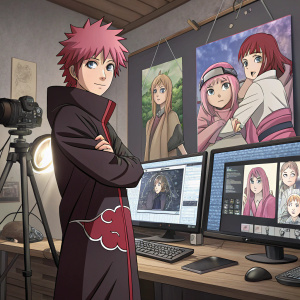 Anime illustration of Sasori from Naruto, surrounded by thumbnails of other characters including a pink-haired young girl. Scene set in digital art studio.