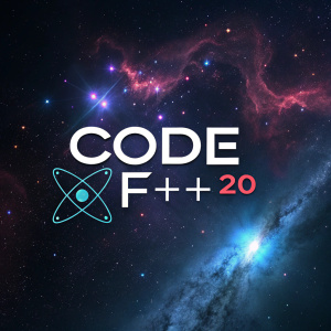 A futuristic event promo for 'Code F++ 2.0'. Dark space background with cosmic elements. Event branding features logos and partner names in stylized design.