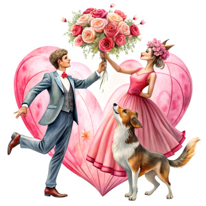 valentine,pink,liberty hold heart,white background,couple dog,no cloth