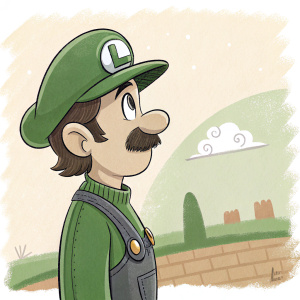 Luigi from the iconic Mario series, wearing his signature green hat, mustache, and green tunic. He is standing with a serious expression, looking at something off-screen. The background is a simple, hand-drawn style with green, brown, and beige colors.