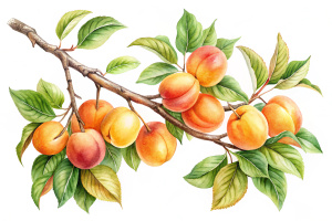 APRICOTS branch. watercolor drawing of a realistic botanical scene. remote backdrop, fine details, on white backgrounds.