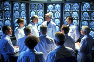 Brain Research Laboratory. Neurologists / Neuroscientists Surrounded by Monitors Showing CT, MRI Scans Having Discussions