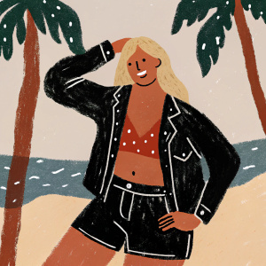 Lele Pons, blonde hair, casual wear, denim jacket and shorts, playful pose on a sunny beach.