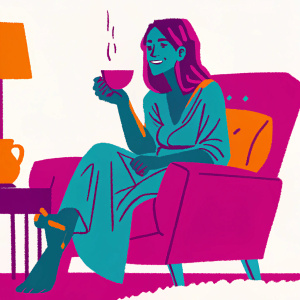 Molly Tarlov, actress, in a cozy living room setting. Wearing a casual, flowy dress. Happy expression with a cup of coffee
