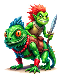 very comic and crazy green troll riding a lezard, illustration, red accessories, showing his sword, vintage cartoon effect, white background