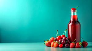 Tropical soft drink bottle concept design. red color scheme theme design, some cut cherries and strawberries next to the bottle, lighting, cinematic, solid, realistic