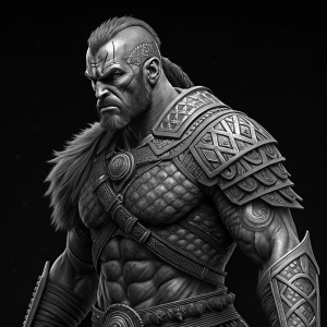 Concept art of a fierce male warrior. Defined muscular body, angular face. Wearing armor with detailed patterns. Bold black background, aggressive stance, intense gaze. Illustration style with strong contrast and intricate line work, highlighting textures and shapes.