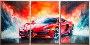 One Picture on three panels Red Bugatti chiron on a black background, presentation