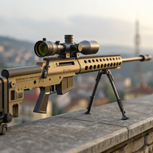 High-definition 3D model of the CheyTac M200 Sniper Rifle. Detailed, realistic render showcasing the rifle's precision engineering and camouflage design. Set against a blurred, urban landscape background.