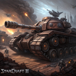 High-definition concept art for StarCraft II. Detailed Zerg faction machinery. Dark gray and brown hues with metallic textures. StarCraft II logo prominently displayed.