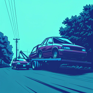 A damaged maroon car is being lifted by a flatbed tow truck. Another maroon car is already on the truck. The scene is on a quiet suburban street with green trees in the background.