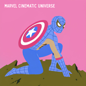 Digital artwork showcasing Spider-Man figurine in dynamic crouch pose, featuring intricate costume details such as blue bodysuit and Captain America's shield on back. Set against a dramatic dark rocky base with gradient background and Marvel Cinematic Universe text at top.