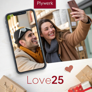 Digital ad showcasing a 25% discount on PLYWERK products for Valentine's Day with promo code LOVE25. Featuring a close-up of a couple on a smartphone screen.