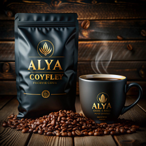 Create a realistic coffee Brand called ALYA coffe, for a package in a black bag realistic with Golden letters.