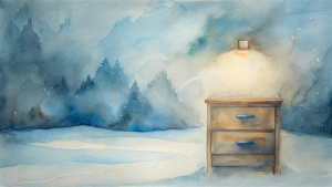 a drawer inside the wooden hut, just below the painting, a piece of a historical calendar on the drawer