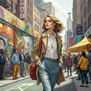 Natalia Vodianova walking down a bustling city street. Dressed in casual yet chic outfit. Background filled with vibrant street art and diverse crowd.