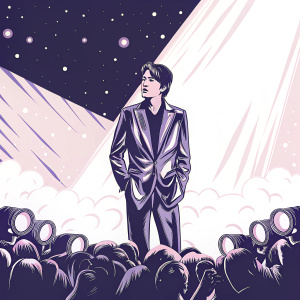 Kyuhyun, from Super Junior, standing on a vibrant stage at the 29th Seoul Music Awards. Wearing a sleek black leather jacket. Surrounded by flashing cameras.