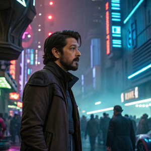 Diego Luna, intense expression, on the set of a futuristic thriller. Sci-fi cityscape, neon lights, crowded streets.